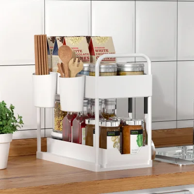 Storage Shelf Rack Double Tier Kitchen Cabinet Sliding Drawer Handle Pull-out Spice Bottle Holder Eco-Friendly Multifunction