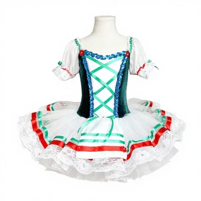 Children's Ballet Tutu Dress Girls Little Princess Dress White Green Contrast Color Puffy Tulle Performance Costume In-Stock