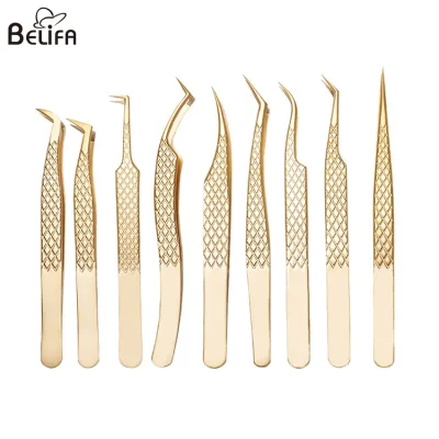 Professional 45 90 Degree Fiber Tip Eyelash Beauty Tools Gold Stainless Steel Curved Eye Lash Tweezers for Eyelash Extension