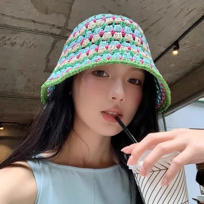 Colorful Korean Casual Summer Bucket Hat for Women French Hollow Sweet Straw Caps Versatile Seaside Outdoor Sports Travel