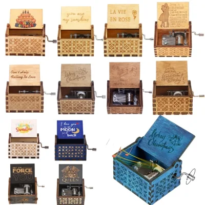 Hand Cranked Music Box Multiple Colors Solid Wood Antique Carved Wooden Hand Crank Music Box Figure Christmas Birthday Gift