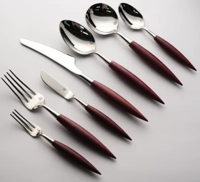 Premium Stainless Steel Cutlery Set with Violet Wooden Handle Spoons & Dinner Knives 24 Pcs Home Collection from Home & Kitchen