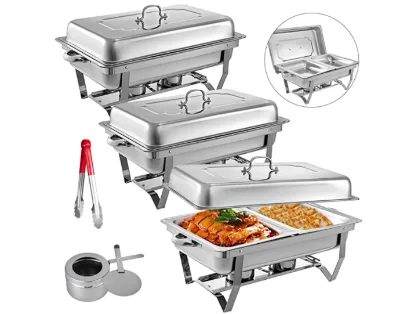3 Packs Double Pans 2 Compartment 8 Quart Rectangular Chafer  Stainless Steel Chafing Dishes