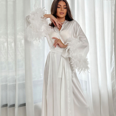 2024 Summer Women Luxury Bath Robes Long White Loose Silk Satin Feather Robe for Women