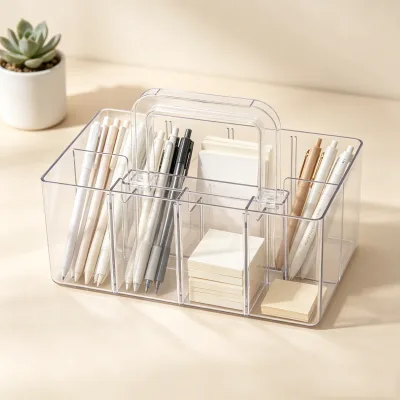 Transparent Desktop Storage Box for Cosmetics and Stationery - High-end Compartmentalized Storage Pen Holder with Lid and Shelf
