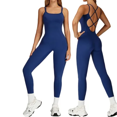 Integrated Slim Design Casual Cross-Back Yoga Jumpsuit Solid Pattern Summer Sports Suit for Outdoor Running Fitness Skinny Fit