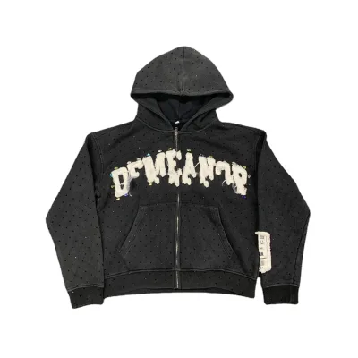 Custom Vintage Stone Washed Black All-over Rhinestone Gems Decoration Distressed Applique Embroidery Cotton Hoodies for Men
