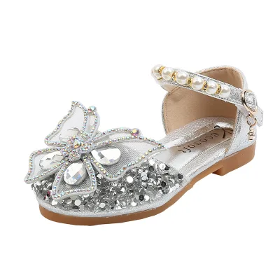 Spring and Autumn Casual Dancing Party Graceful Elegant Trendy Bow Glittery Kids Princess Shoes for 1-12 Years Old Girls