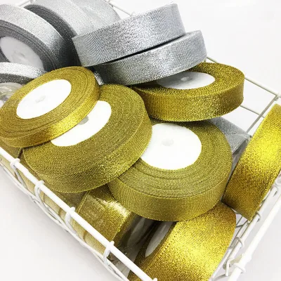 25Yards Polyester Natural Gold Satin Ribbon Embroidered Gift Bow Tape Crafts DIY Sewing Party Wedding Decoration 6mm 10mm 15mm