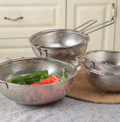 Colander Set of 3, Stainless Steel Colanders with Handle, Metal Colander Perforated Strainer for Kitchen Pasta/Vegetable/Fruit