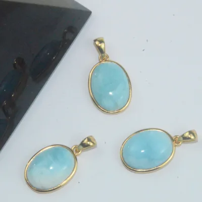 Natural Larimar Gemstone 925 Silver Plated Gold Oval Necklace