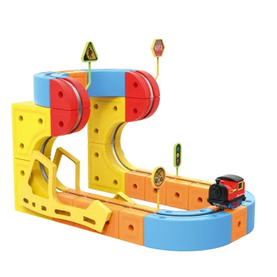 KSF DIY Lithium Battery Powered ABS Electric Train Set with 3D Magnetic Track Racing Track & Traffic Sign Puzzle for Ages 5+