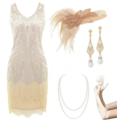 1920s Flapper Gatsby Costume Set Vintage Gatsby Beaded Fringe Dress Accessories Kit for Roaring 20s Party