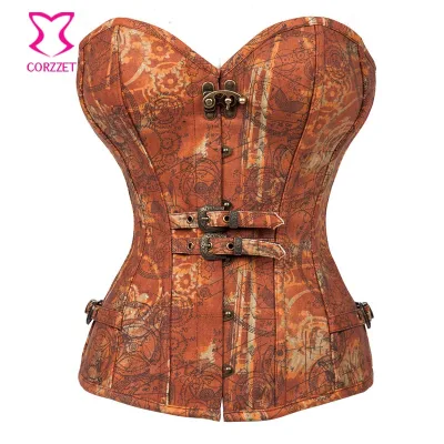 Corzzet Vintage Brown Denim Overbust Steampunk Bodyshaper Gothic Steel Boning Firm Control Corset and Bustier With Button