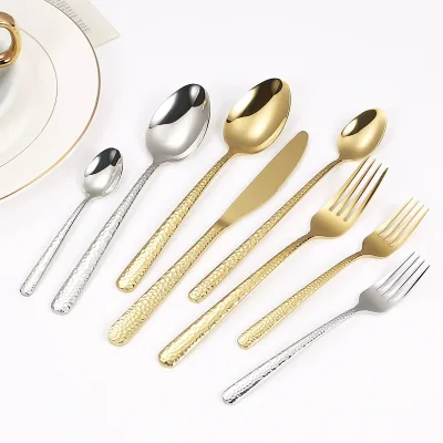 YF Unique Hammered Handle Restaurant Wedding Silverware Stainless Steel Black Gold Spoon Fork Cutlery Set