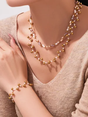 Vintage Fashion Design Handmade Gold Plated Stainless Steel Necklace and Natural Faceted Crystal Bracelet Set for Women