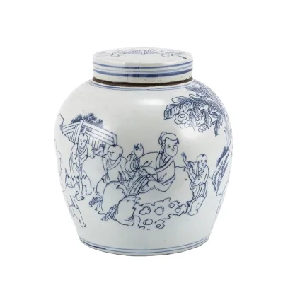 RZKT04-AA  Blue and White Porcelain Girls Play with Children Ceramic Tea Canister Flat Jars