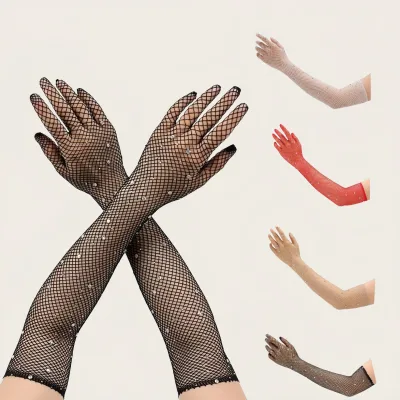 Black Elastic Long-Sleeve Mesh Bridal Gloves Transparent Lace Fishnet Rhinestones 90%Polyester+10%Spandex Customizable Logo