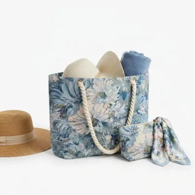 Blue Floral Botanical Pattern Double-Sided Jacquard Boho Reversible Canvas Beach Tote Bag with Pouch