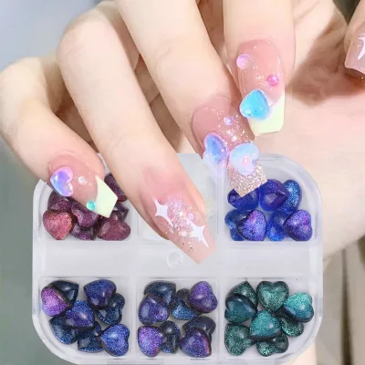 Hot-selling 6 Grid Nails Art Resin Charms Shiny Hearts Mixed Color Resin Heart Nail Charms