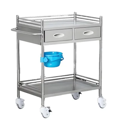Easy Clean 2 Tier Stainless Steel Hospital Furniture Medical Disassemble Trolley Guardrail 200KG Load Capacity Medical Supplies