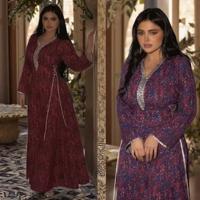 Ethnic Arabian Print Muslim Abaya Dress Sparkling Diamonds Polyester Home Wear Robes with Temperament