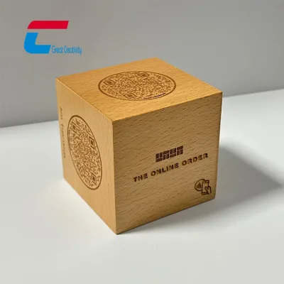 Eco Wooden NFC Table Cube Custom Engraved Logo Scannable Menu Block Restaurant Hotel Tabletop Display
