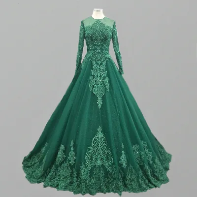 Arabic Women Lace Appliques Ball Gown Muslim Green Wedding Dress
