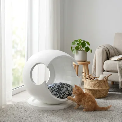 Spherical Eggshell Wooden Cat Bed With Removable Cushion