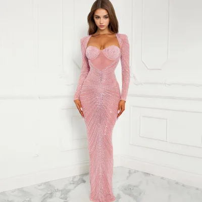 Luxurious Elegant Sexy Mesh Diamond Sequin See-through Halter Long Sleeve Slim-fit Floor-length Party Evening Dress