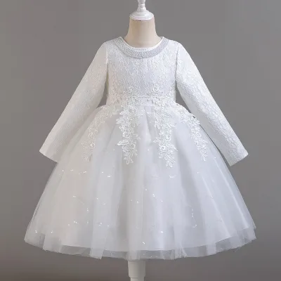 New Design Daily Casual Dress for Girls Satin Ball Gown with O-Neck Princess Costume for Children Winter Flower Girl Tutu Bow