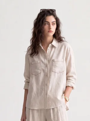 Custom Ladies Pure Linen Button up Shirt Contrast Pocket Design Rollable Sleeve Oversized Casual Blouse Shirts Bulk Wholesale