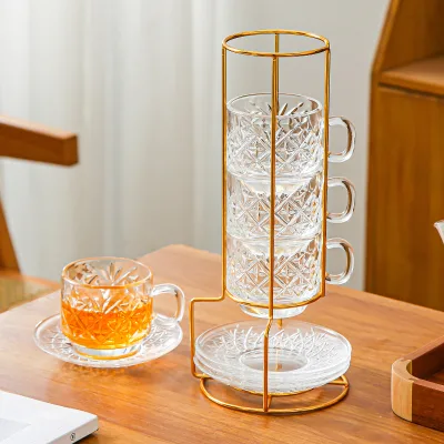 Creative Glass Cup Storage Iron Rack Stacking Cup Modern Design Dishwasher Microwave Safe Mug Coffee Cup Saucer Set Organizer
