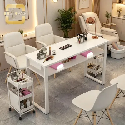 Elegant White Wood Nail Desk of Farmhouse Vintage Design with Organized Storage Compartments for Nail Studio and Home Nail Art