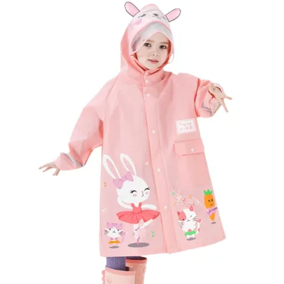 Kids Raincoat Waterproof EVA Cute Cartoon Bunny Design with Hood Adjustable Cuffs and Storage Bag for Children
