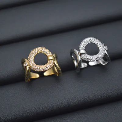 Fashion Zircon Hollow Round Rings for Women Vintage Two-tone Style Adjustable Geometric Circle Ring