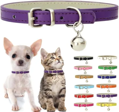 PU Leather Puppy Dog Collar with Bell Adjustable Boys Girls Cat Kitten Collar for XXsmal XSSmall Tiny Little Extra Small Breed