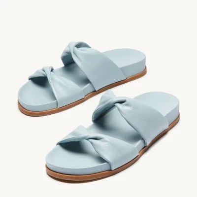 Upper Strap Design Other Women Ladies Mold Foot Bed Platform Slipper Flat Sandals Color Wrinkled Leather Light Blue PU Rubber