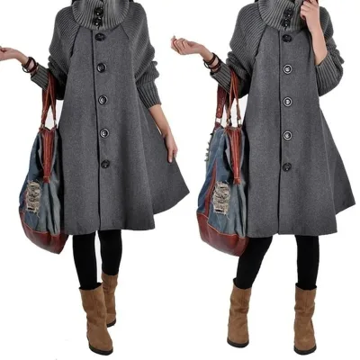 Foreign Trade Large Size Loose Autumn and Winter Long Section Cloak Windbreaker Woolen Coat Female