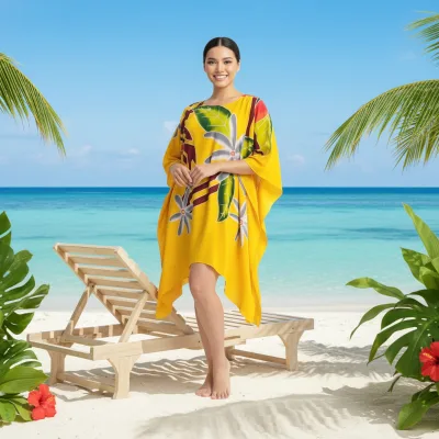 Fashion Women Hand Painted Rayon Poncho Beach Cover up Woven Boho Tropical Design Kaftan Beachwear