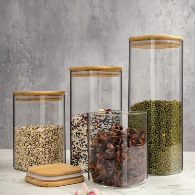 Square High Borosilicate Glass Storage Tank, Environmentally Friendly Silicone Natural Bamboo and Wood Lid