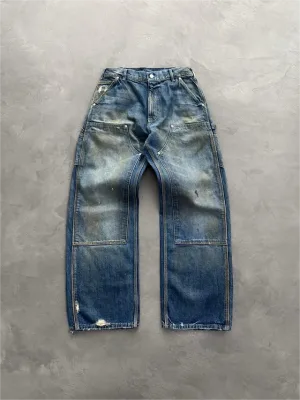 ZY Vintage Washed Distressed Men's Double Knee Denim Jeans Custom Logo Embroidery Printing Mid Waist Street Style Eco-Friendly