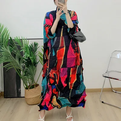 Fashionable Natural Waist Geometric Pattern Pleated Batwing Sleeve Turtleneck ODM Plus Size Women's Evening Formal Midi Dresses
