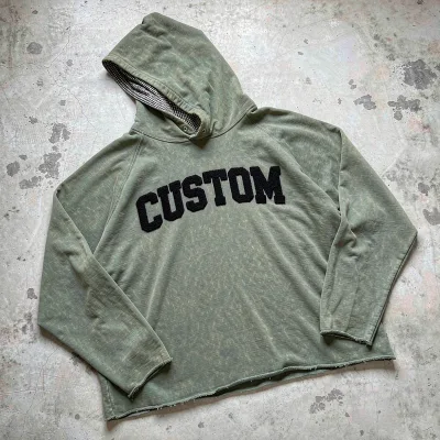 Heavyweight Raw Raglan Hoodies Vintage Acid Washed Pullover Double Hood Plaid Oversized Streetwear Custom Hoodie for Men