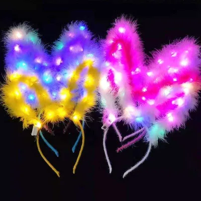 LED Bunny Ear Feather Headband Luminous Hair Band Party Decoration for Women Kids