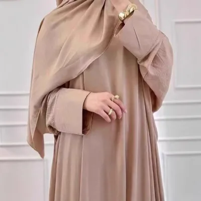 Pure Color Loose Size batwing Sleeve One Piece Closed Style Abaya with Matching Scarf Sets for Islamic Women