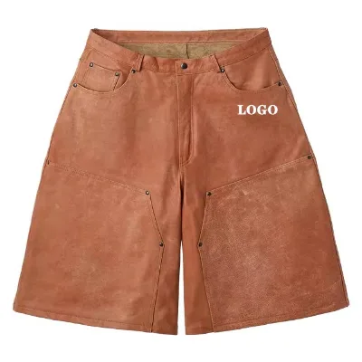 Custom Streetwear Vintage Acid Wash High Waist Double Knee Leather Working Carpenter Protection Cargo Shorts for Men
