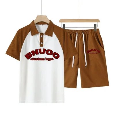 Summer Polo Shirts with Raglan Sleeves and Solid-colored Shorts Loose Fit Textured Shirts Shorts Sets for Men