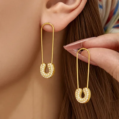 Creative Fashion Jewelry Long Ear Wire Women Dangle Earrings Gold Plated Stainless Steel Zircon Safety Pin Shape Drop Earrings