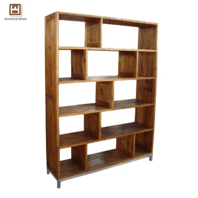 Modern Style Dark Wood Bookcase With Vertical and Horizontal Shelves Stable Metal Base